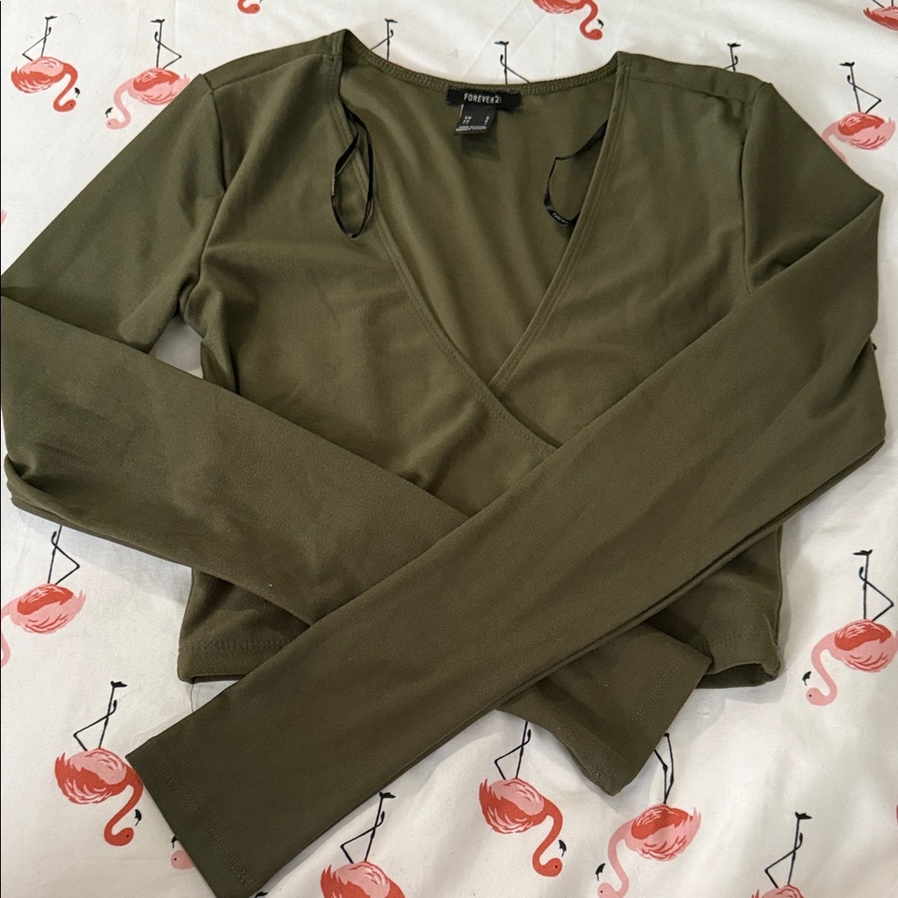 Forever 21 Deep Olive 	Basic long sleeve Surplice Crop Top